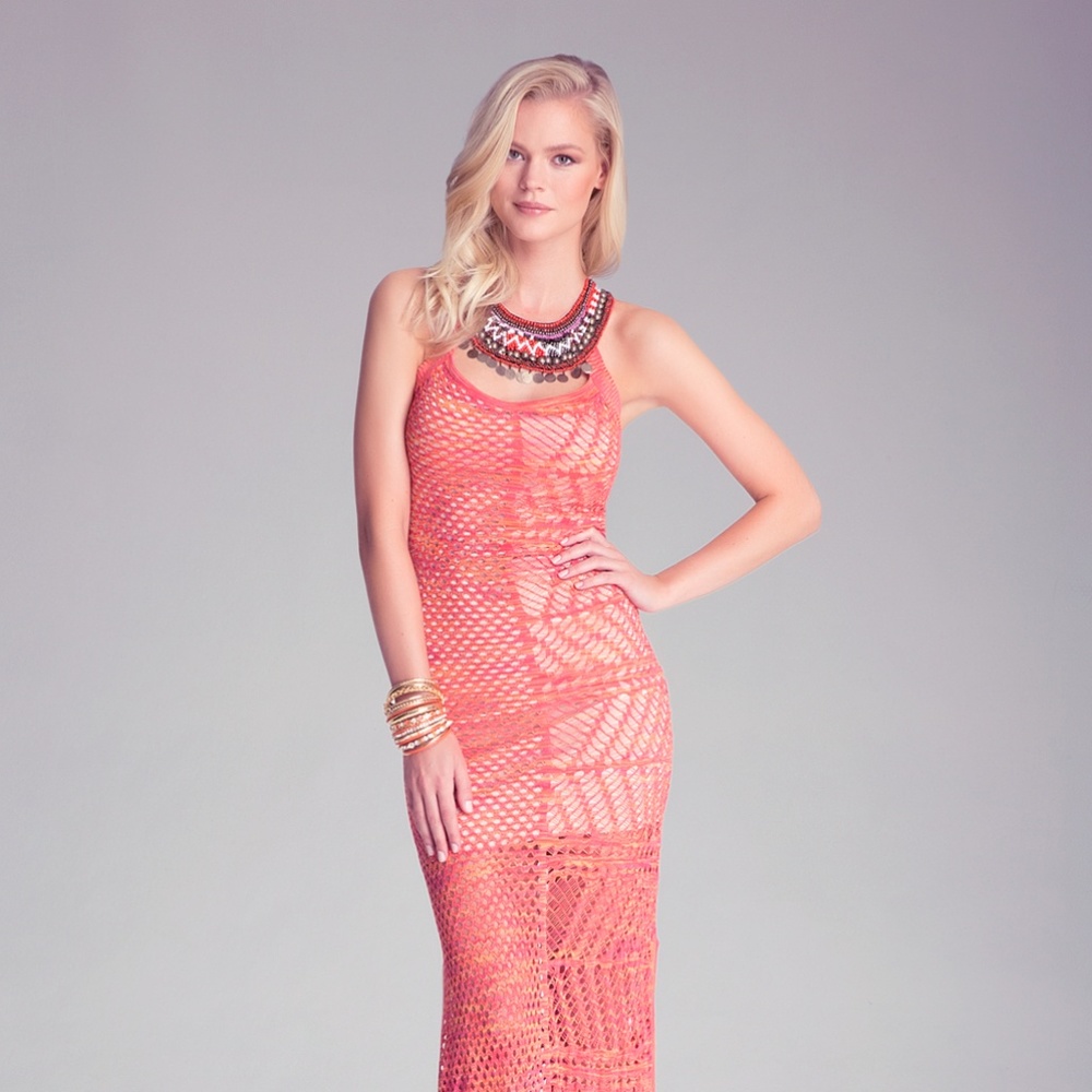 Crocheted maxi dress with beaded halter neck